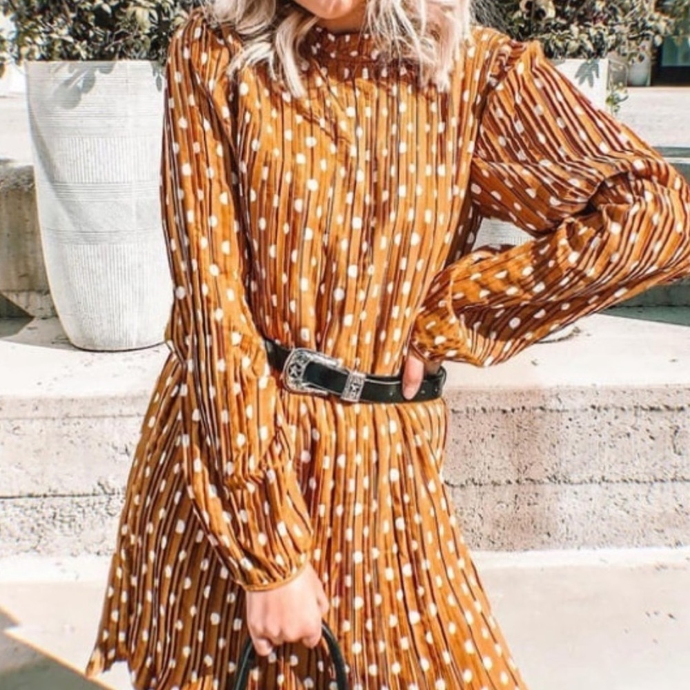 Lulu’s Mustard Polka Dot Pleated Dress